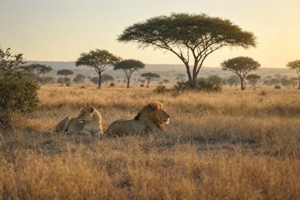 Two lions at rest in dry grassland below flat-topped acacias in the late afternoon (AI-generated image)