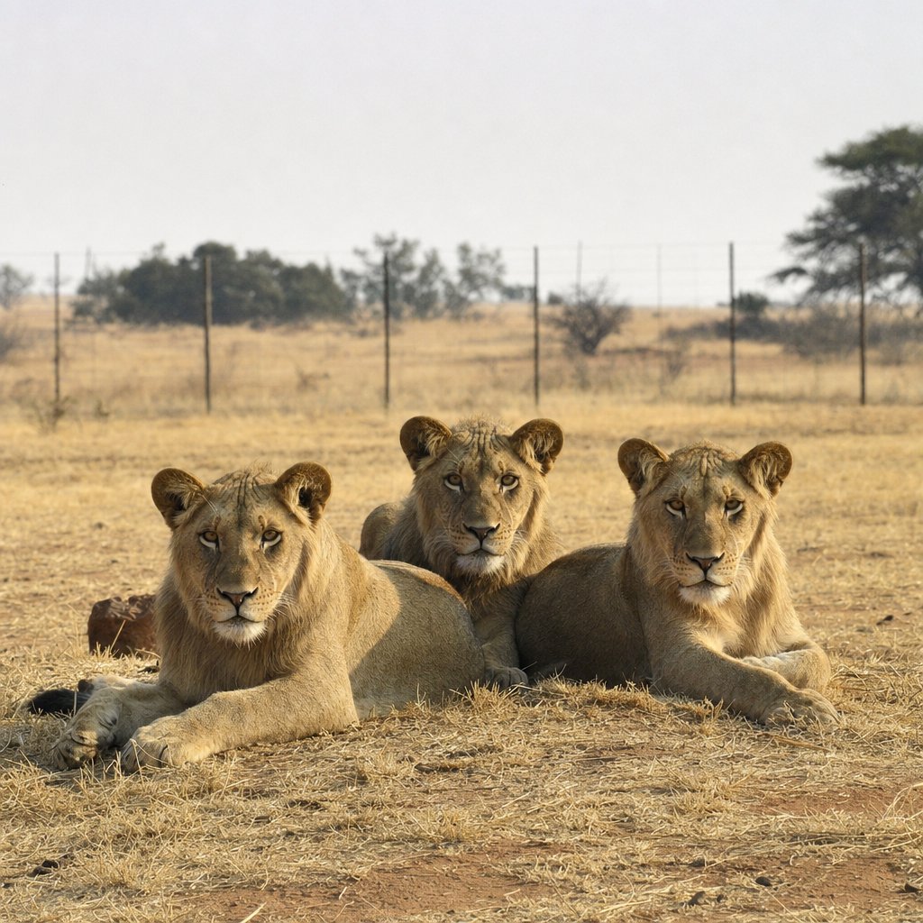 Young lions standing at the wire of a grassed breeding enclosure (AI-generated image)